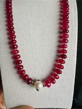 Red Gemstone Beaded Necklace with Pearl Accent | Layering Maximalist Jewelry